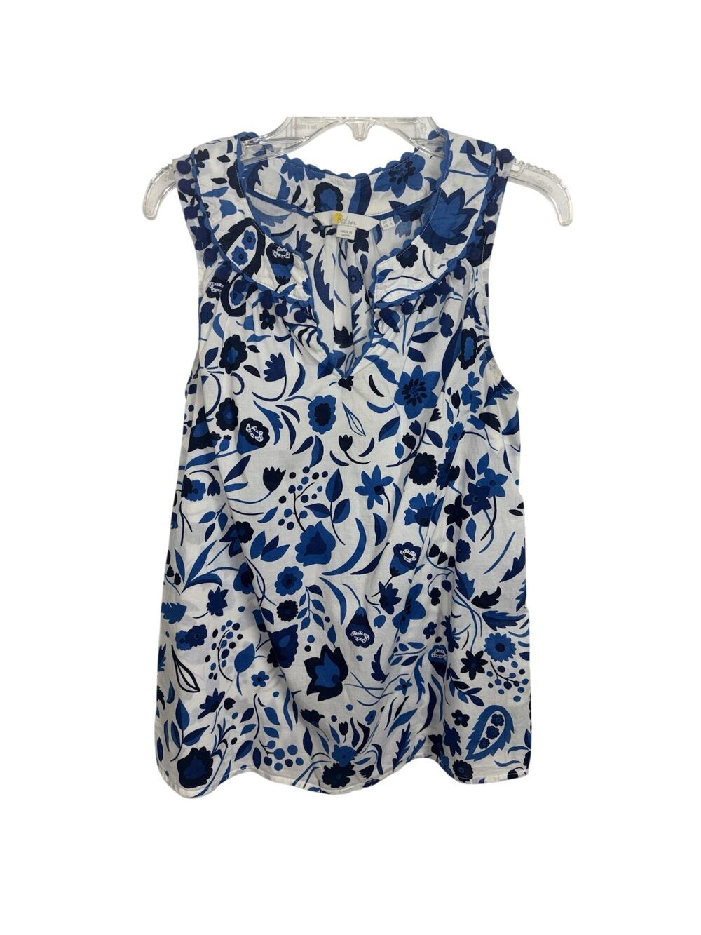 Boden Floral Pom Pom White Blue Sleeveless Top Cotton Garden 4 Office Preppy